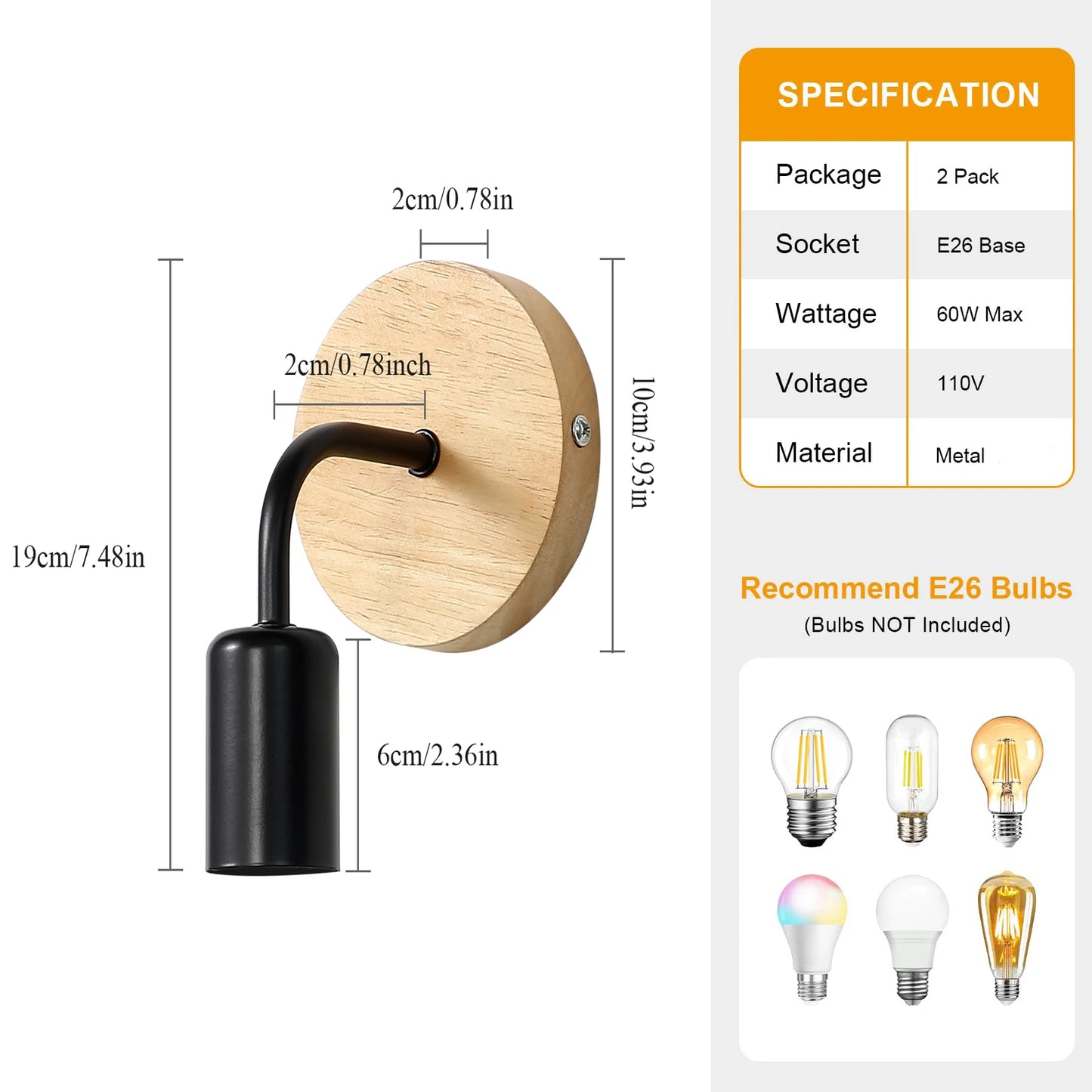 Black Wall Sconces Light, 2pcs Industrial Farmhouse Wall Light Fixtures E26 (Bulb Not Included) Vintage Wall Mount Light Fixture