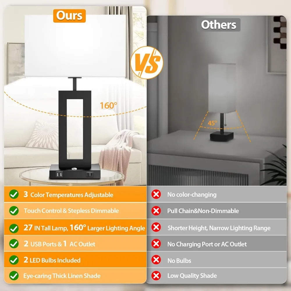3-Way Dimmable Touch Control Black Table Lamps with USB Ports and AC Outlet, Ideal for Living Room, Bedroom, and Bedside Use