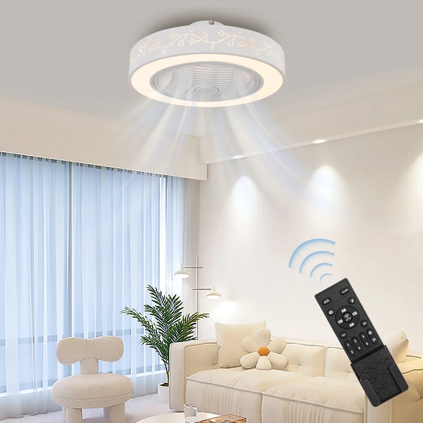 22" Dimmable Pendant Lamp Ceiling Fan with Remote Control 3-Color 6 Speeds Semi Flush Mount Round Invisible LED Fan Chandelier