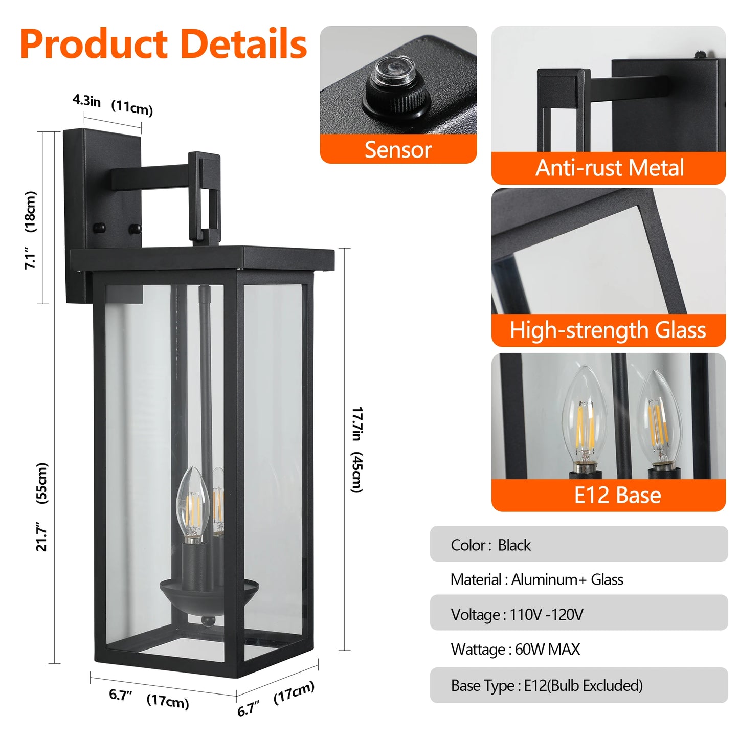 22"(H) Outdoor Wall Lantern with Dusk to Dawn Sensor Matte Black Finish Clear Glass Panels Weatherproof Exterior Light