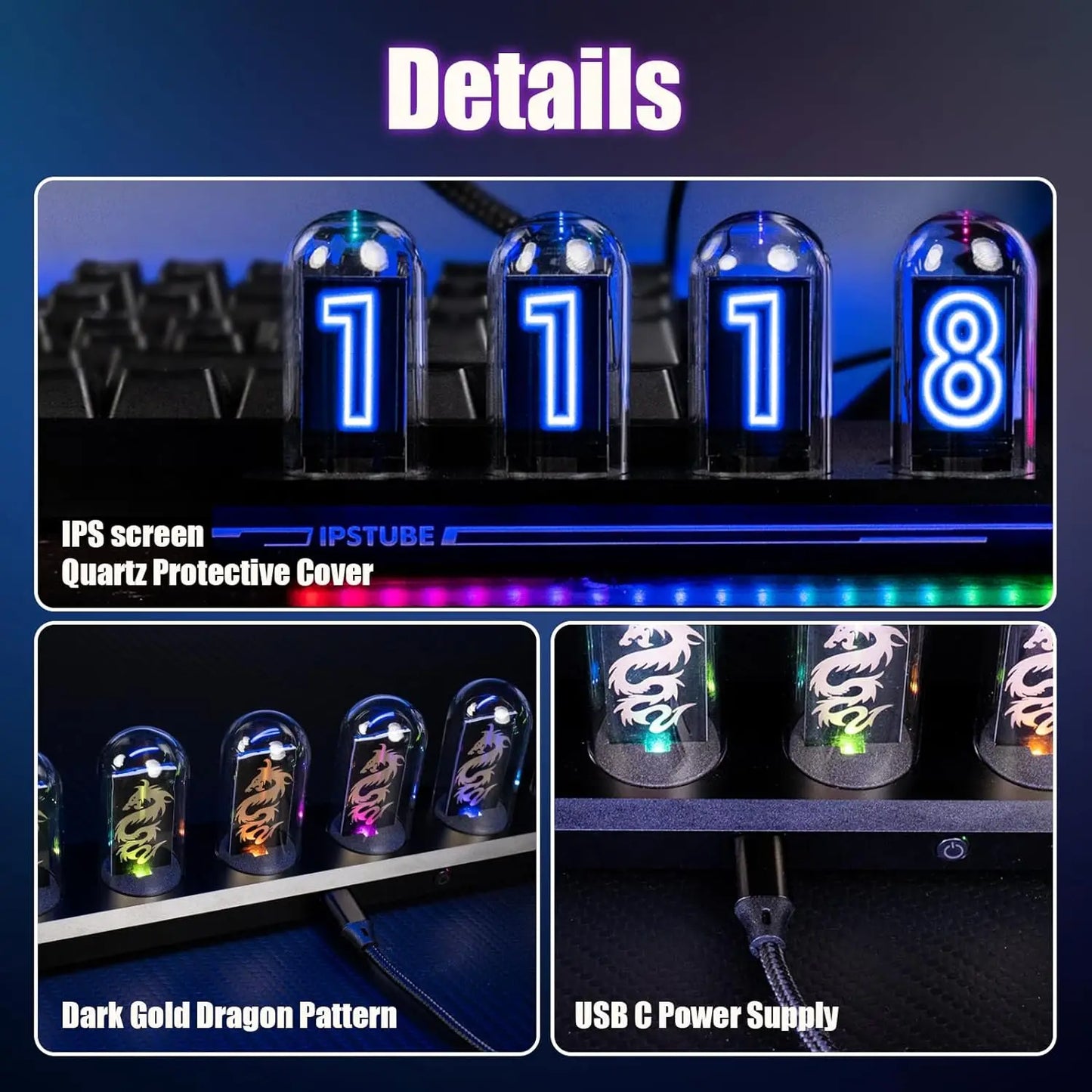 1PC Nixie Tube RGB Retro Digital Clock Light, IPS Glows Analog Clock, Support Wi-Fi Time Calibration, APP Control, Wheather Mode