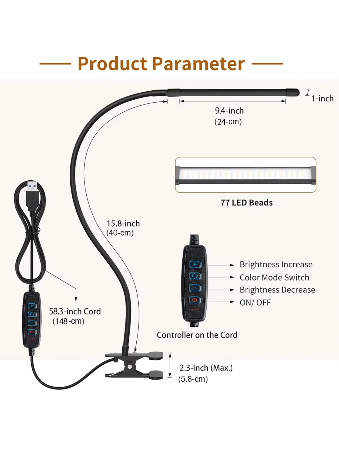 10W LED Desk Lamp with Clamp Dimmable Clip On Reading Light 10 Brightness Level 3 Lighting Modes Flexible Study Table Lamp USB
