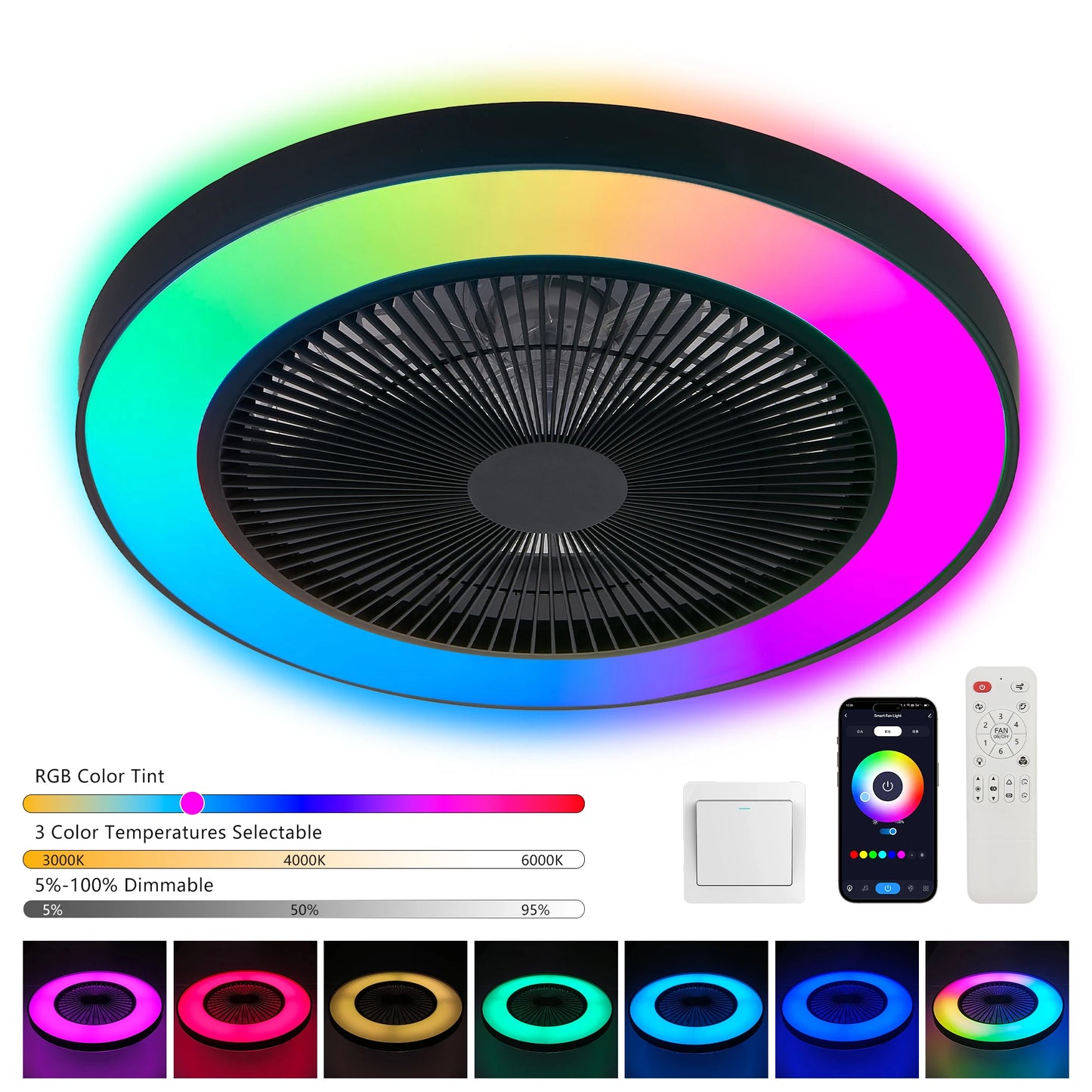 19" LED Ceiling Fan Light Smart RGB Lights with Remote & APP Control Black Kit Flush Mount Enclosed Bladeless Ceiling Fan