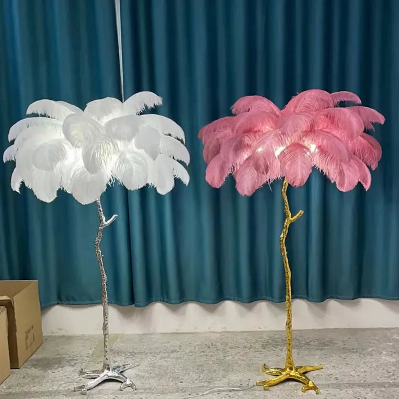 Modern Ostrich Feather Led Floor Lamp Copper Resin Living Room Home Decor Indoor Lighting Bedroom Bedside Standing Table Light
