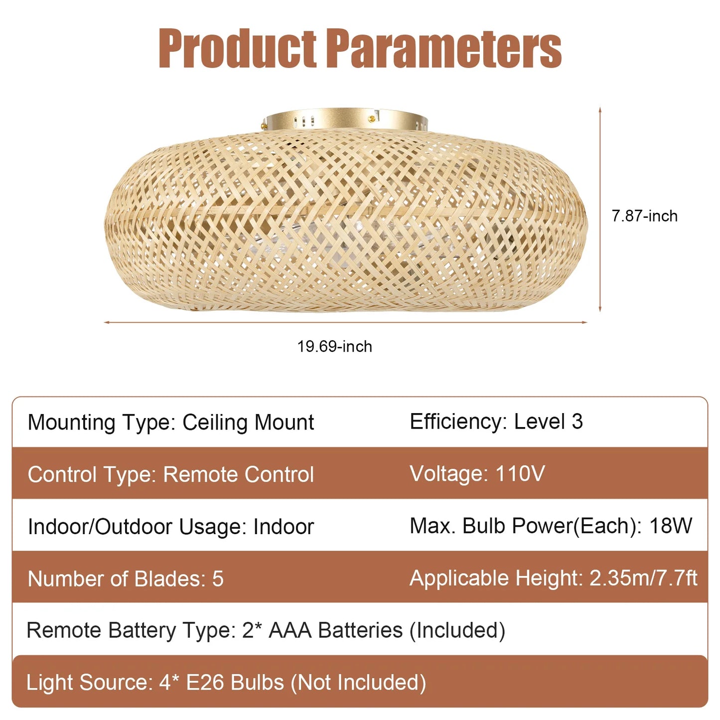 50cm/20'' Farmhouse Boho Rattan Woven Bamboo Ceiling Fan 110V With Light & Remote Control