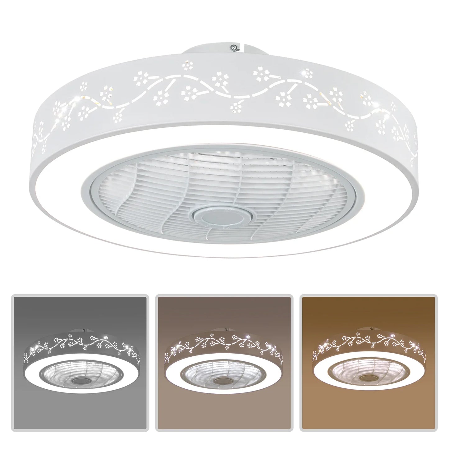 22" Dimmable Pendant Lamp Ceiling Fan with Remote Control 3-Color 6 Speeds Semi Flush Mount Round Invisible LED Fan Chandelier