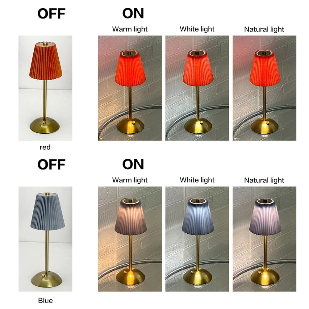 Cordless Table Lamp Small Night Light Touch Control Wireless Bedside Lamp with Pleated Lampshade for Restaurant Bar Coffee Shop