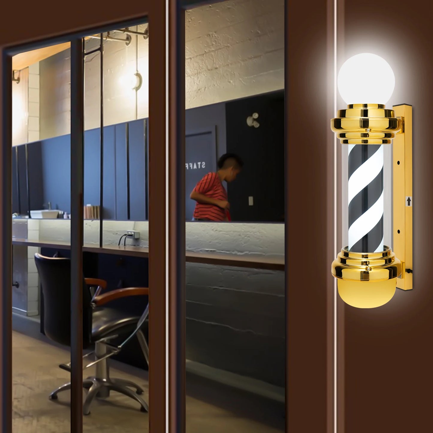 Golden Black White Rotating Barber Pole Light - 68cm LED Salon Open Sign - Wall Mount Hairdresser Decor for Salon & Barber Shop