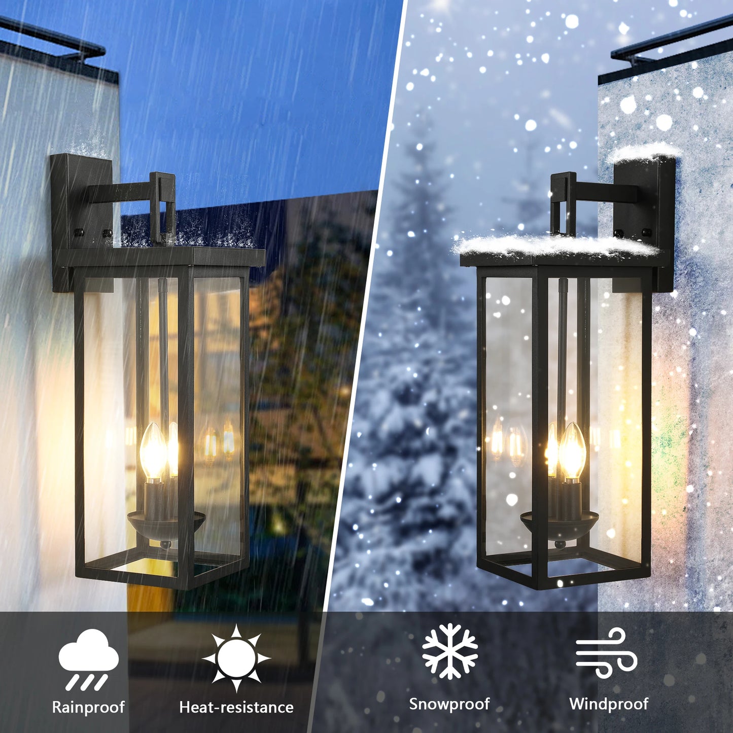 22"(H) Outdoor Wall Lantern with Dusk to Dawn Sensor Matte Black Finish Clear Glass Panels Weatherproof Exterior Light