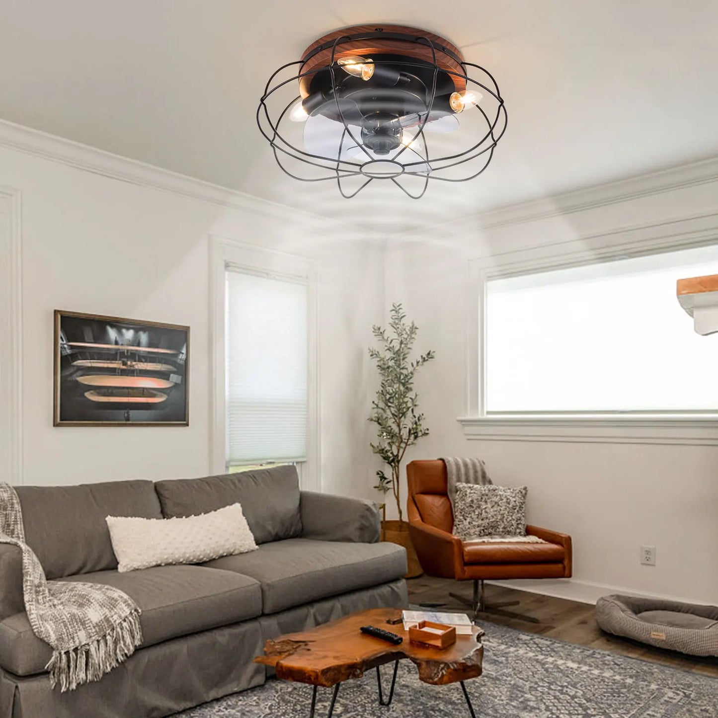 18 Inch Ceiling Fan with Light, Black and Wood Color Ceiling Fan Light with Remote Control, Flush Mount Ceiling Fan Light