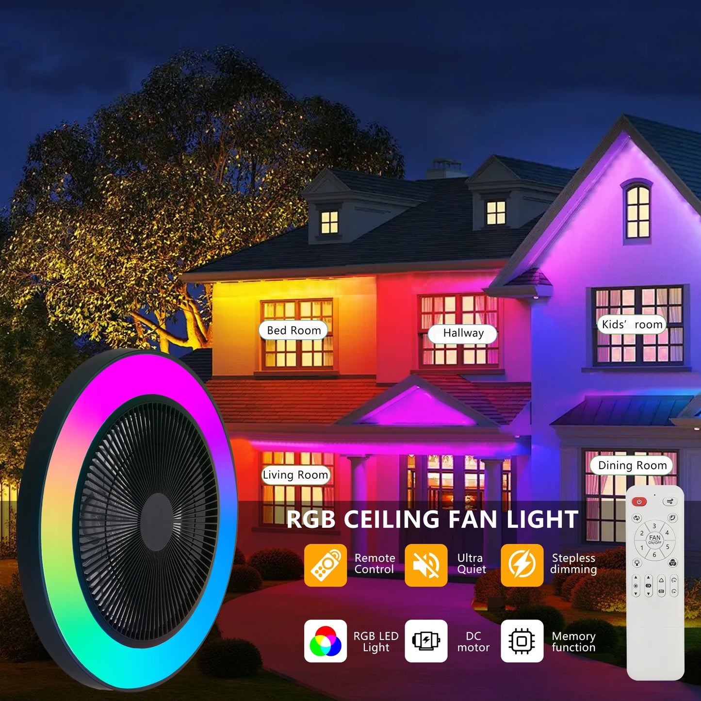 19" LED Ceiling Fan Light Smart RGB Lights with Remote & APP Control Black Kit Flush Mount Enclosed Bladeless Ceiling Fan