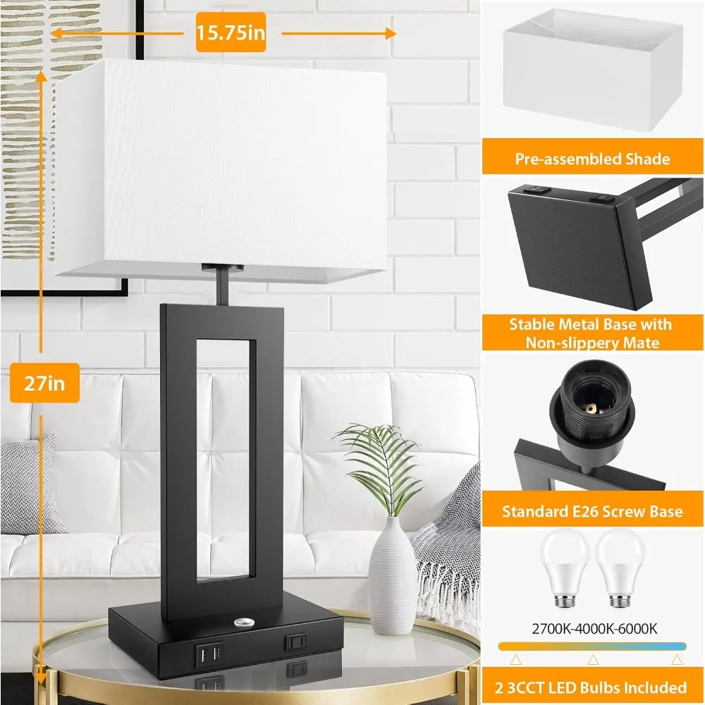 3-Way Dimmable Touch Control Black Table Lamps with USB Ports and AC Outlet, Ideal for Living Room, Bedroom, and Bedside Use