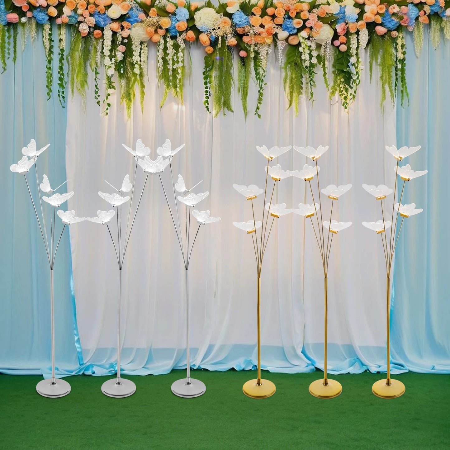 110V 3Pcs Gold/Silver LED Butterfly Standing Lights, Freestanding Landscape Atmos0phere Lamp For Weddings, Parties, Stages, etc