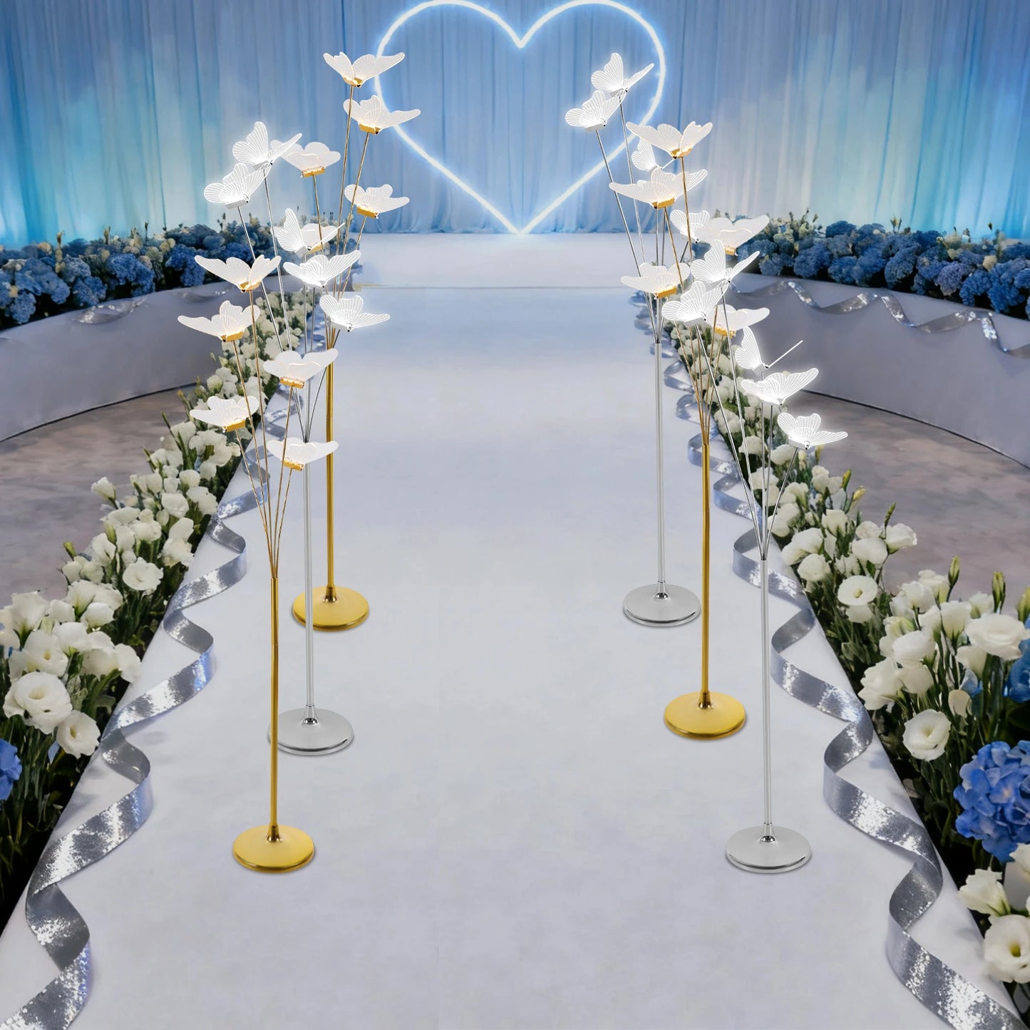 110V 3Pcs Gold/Silver LED Butterfly Standing Lights, Freestanding Landscape Atmos0phere Lamp For Weddings, Parties, Stages, etc