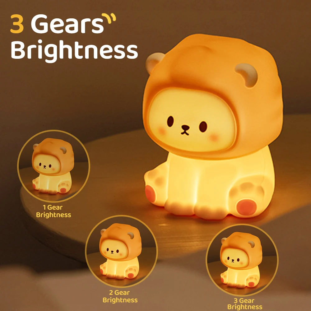Cute Panda LED Night Lights Lion Silicone Sleeping Lamp USB Rechargeable Timing Bedside Baby Nightlights For Birthday Gift