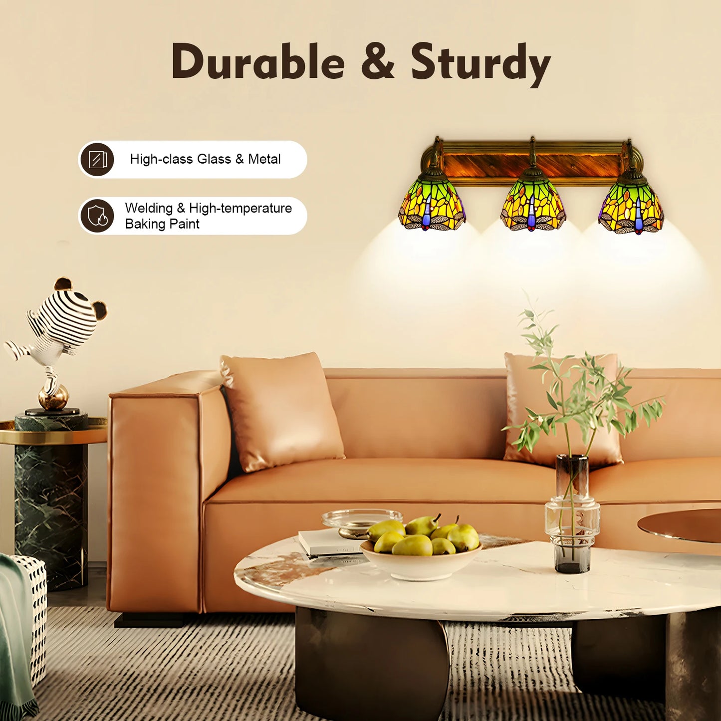 3-light Antique Wall Lamp Glass Metal Dragonfly Pattern Dome Blue Green Orange Indoor Downlight Wall-mounted