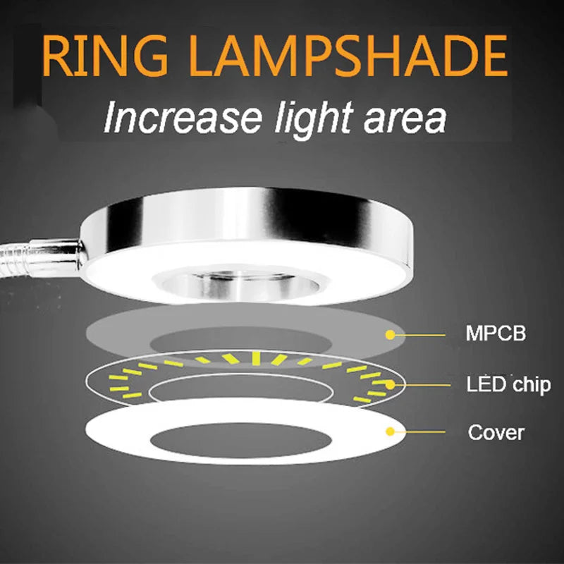 LED Ring Clamp Lamp 3-Level Color Temperature Adjustable USB 360° Rotatable Gooseneck for Nail Reading Desk Eye Protection Light