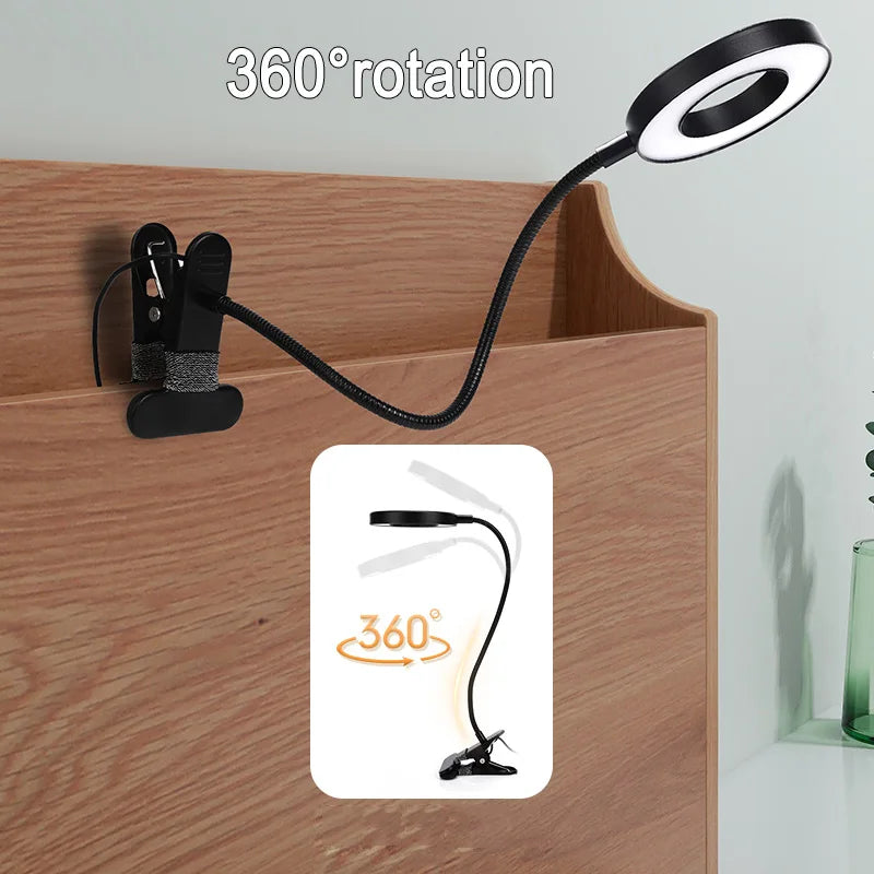 LED Ring Clamp Lamp 3-Level Color Temperature Adjustable USB 360° Rotatable Gooseneck for Nail Reading Desk Eye Protection Light