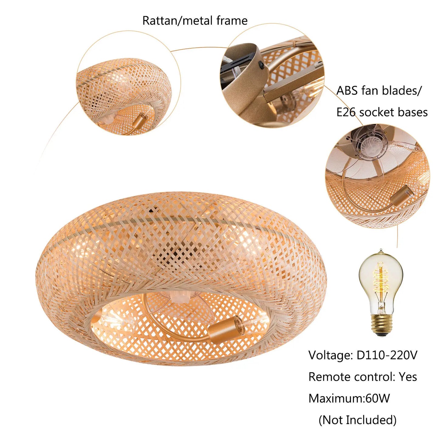 50cm/20'' Farmhouse Boho Rattan Woven Bamboo Ceiling Fan 110V With Light & Remote Control