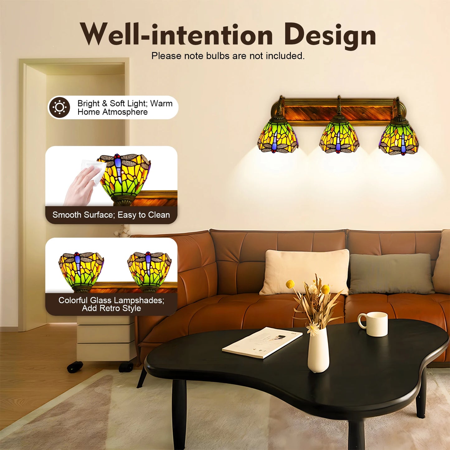 3-light Antique Wall Lamp Glass Metal Dragonfly Pattern Dome Blue Green Orange Indoor Downlight Wall-mounted