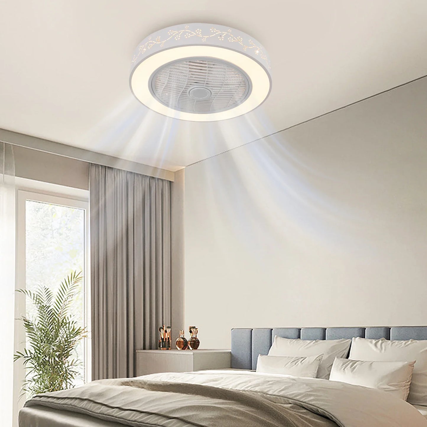 22" Dimmable Pendant Lamp Ceiling Fan with Remote Control 3-Color 6 Speeds Semi Flush Mount Round Invisible LED Fan Chandelier