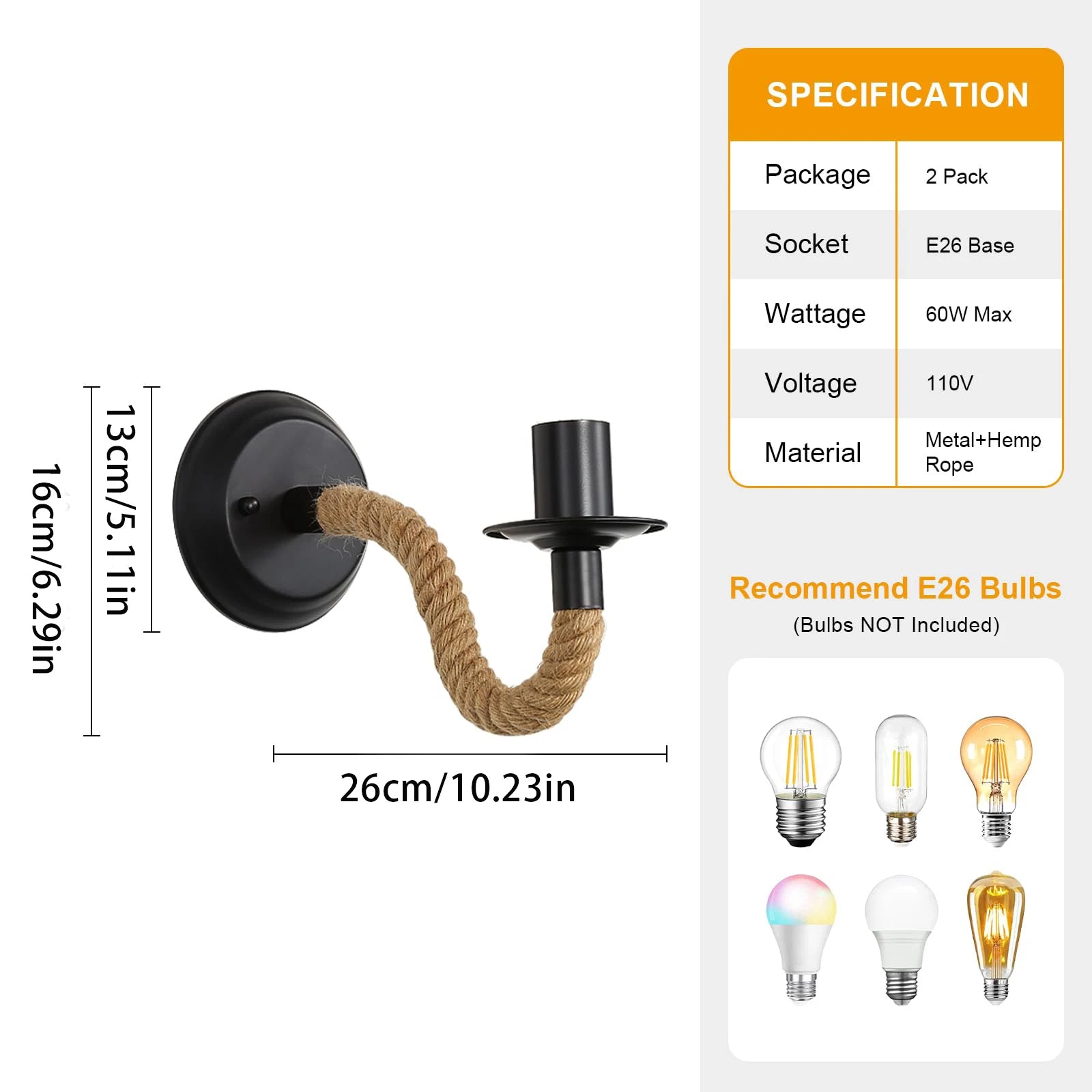 Black Wall Sconces Light, 2pcs Industrial Farmhouse Wall Light Fixtures E26 (Bulb Not Included) Vintage Wall Mount Light Fixture