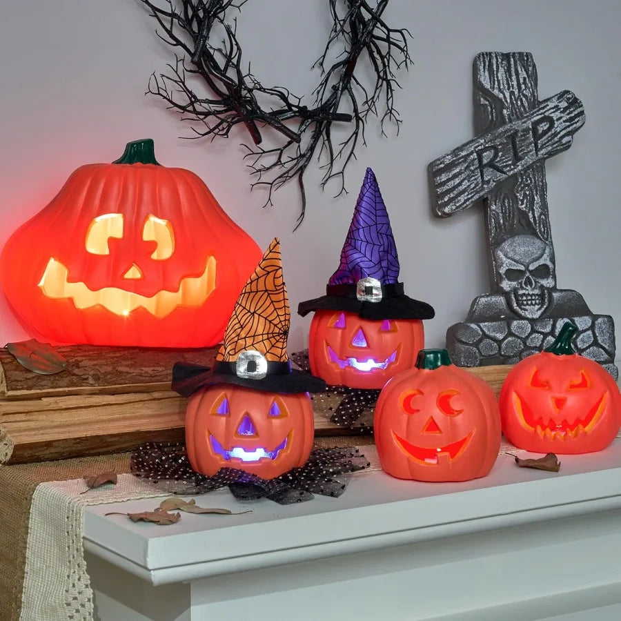 5 Pcs Light Up Halloween Pumpkin Decorations for Outdoor and Indoor Use Jack O Lantern Plastic Pumpkins with Glowing Effect Per
