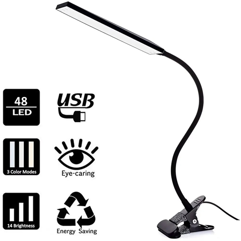 5W LED Clip on Desk Lamp with 3 Modes 11 Brightness  2M Cable Dimmer 14 Levels Clamp Table Lamp