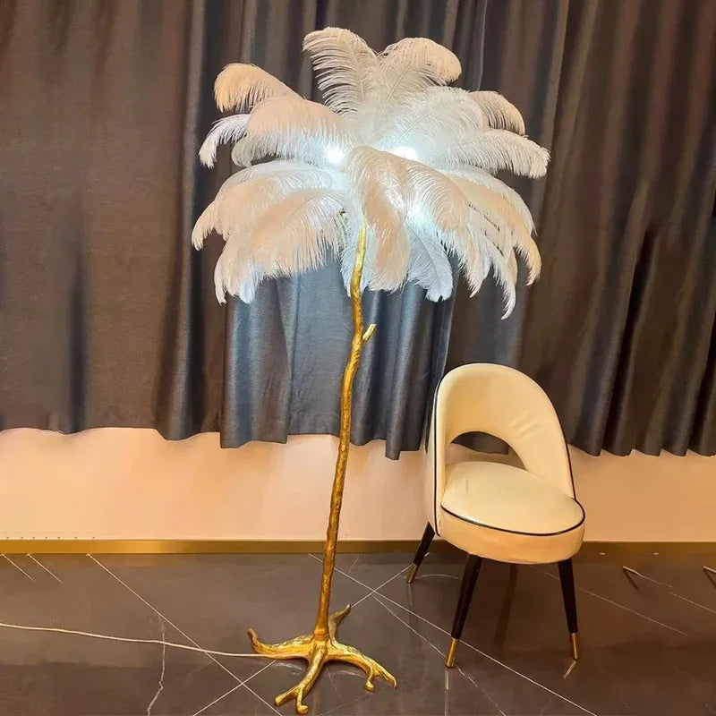 Modern Ostrich Feather Led Floor Lamp Copper Resin Living Room Home Decor Indoor Lighting Bedroom Bedside Standing Table Light