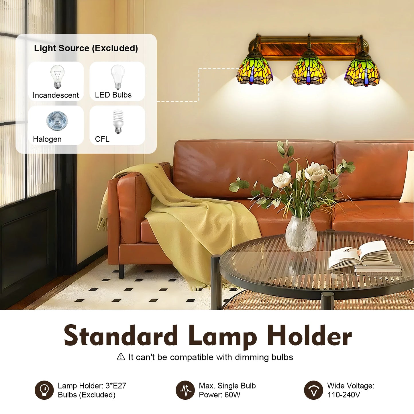 3-light Antique Wall Lamp Glass Metal Dragonfly Pattern Dome Blue Green Orange Indoor Downlight Wall-mounted