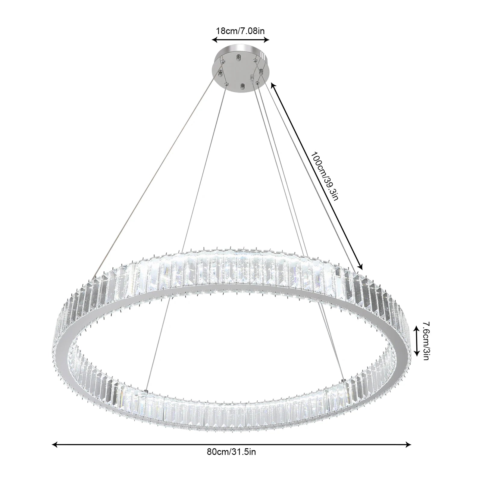 110-240V 95W Pendant Lamp,80CM Modern Silver Crystal Chandelier,3-Color Dimmable,Modern Ceiling Light,for Living Room,Bedroom