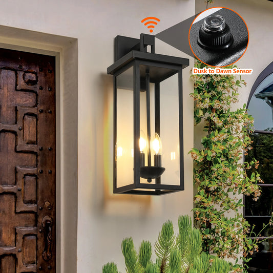 2-Pack 22.0" Outdoor Wall Lantern with Dusk to Dawn Sensor, Matte Black Finish, Clear Glass Panels, Weatherproof (No Bulb)