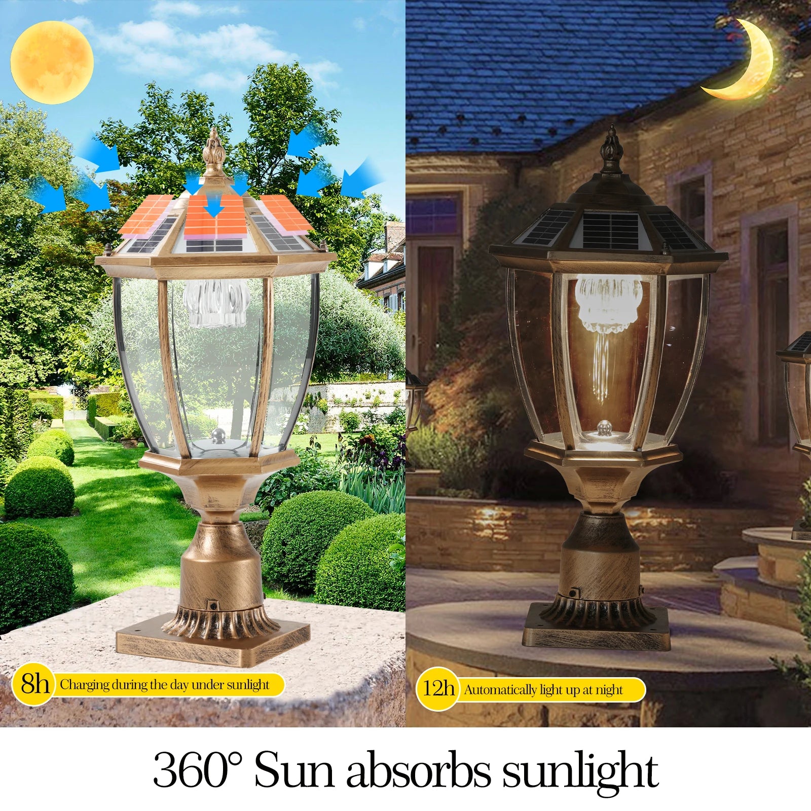 Vintage Solar LED Post Light, Waterproof Outdoor Garden Lamp with Automatic On/Off, For Yard, Patio, and Pathway Lighting