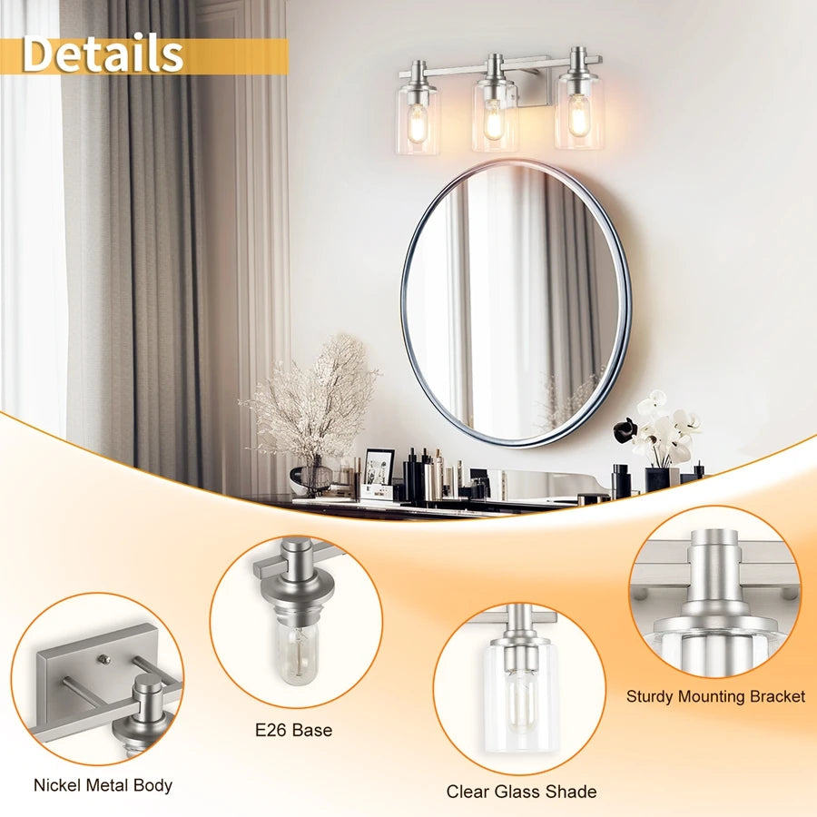 3-Light Modern Bathroom Vanity Light Fixture Above Mirror, Metal & Glass Construction, Hardwired for Easy Installation