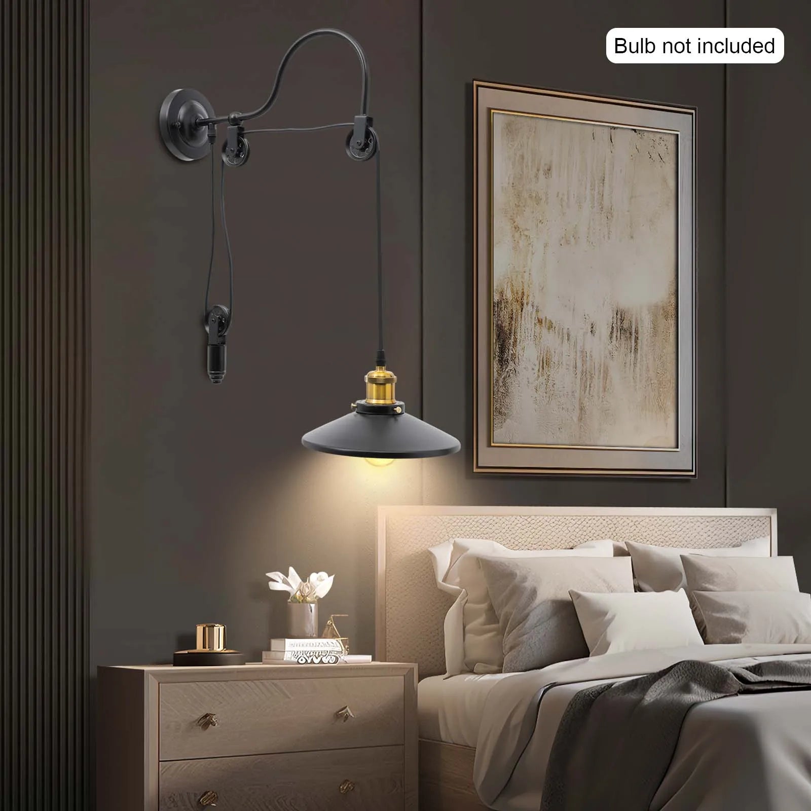 110-120V Adjustable Pulley Wall Lamp, Industrial Iron Wall Light, Wall Mount Indoor Lighting W/ E26 Base for Staircase & Hallway