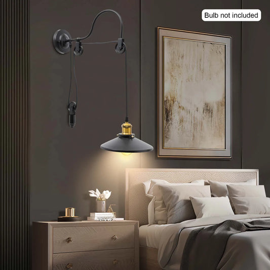 110-120V Adjustable Pulley Wall Lamp, Industrial Iron Wall Light, Wall Mount Indoor Lighting W/ E26 Base for Staircase & Hallway