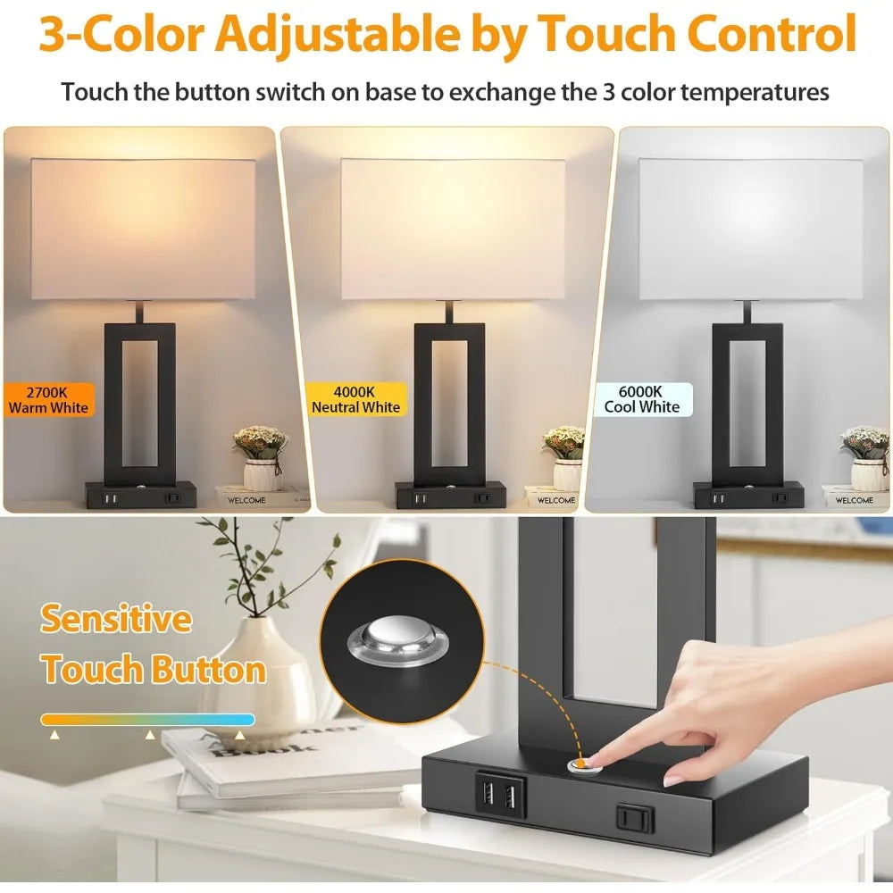3-Way Dimmable Touch Control Black Table Lamps with USB Ports and AC Outlet, Ideal for Living Room, Bedroom, and Bedside Use