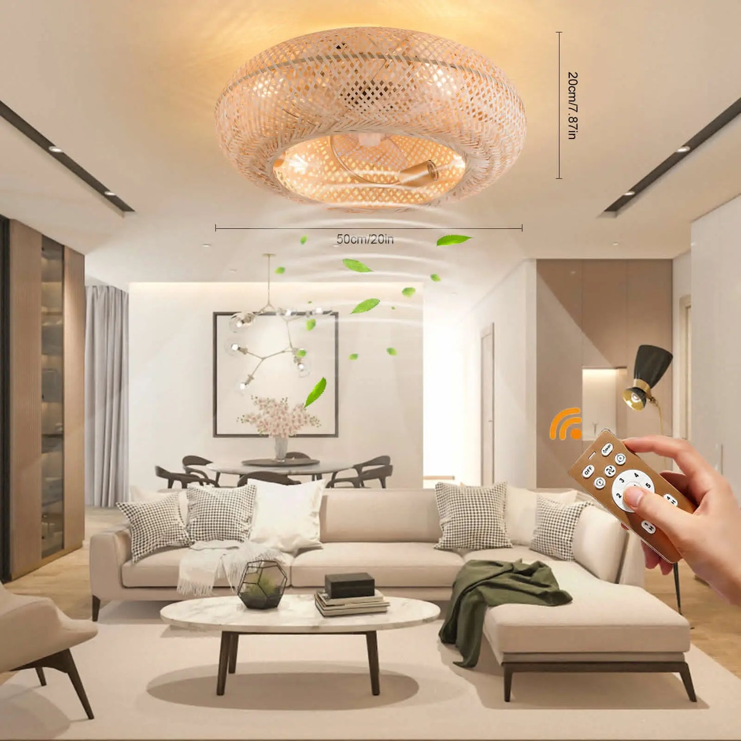 50cm/20'' Farmhouse Boho Rattan Woven Bamboo Ceiling Fan 110V With Light & Remote Control