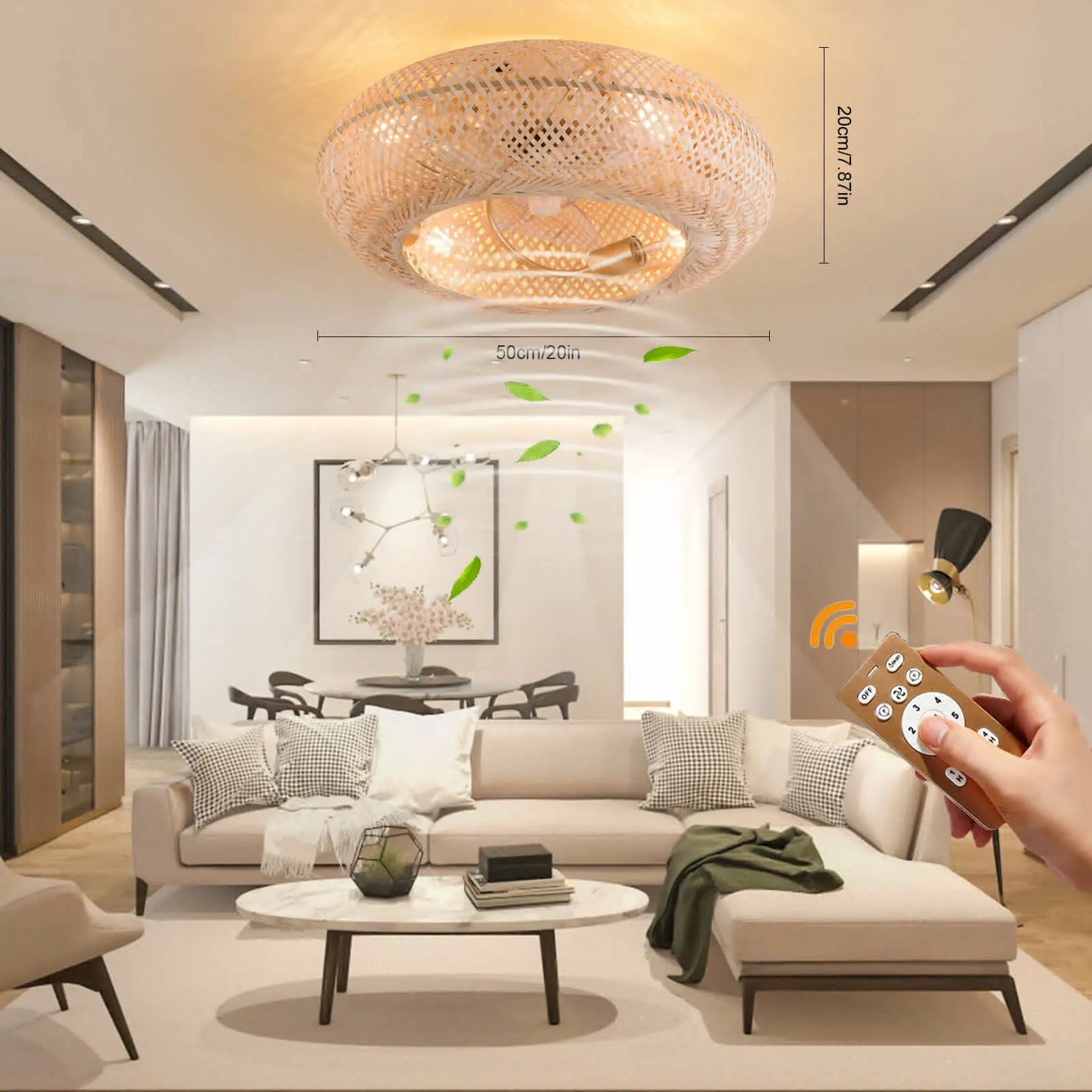 50cm/20'' Farmhouse Boho Rattan Woven Bamboo Ceiling Fan 110V With Light & Remote Control