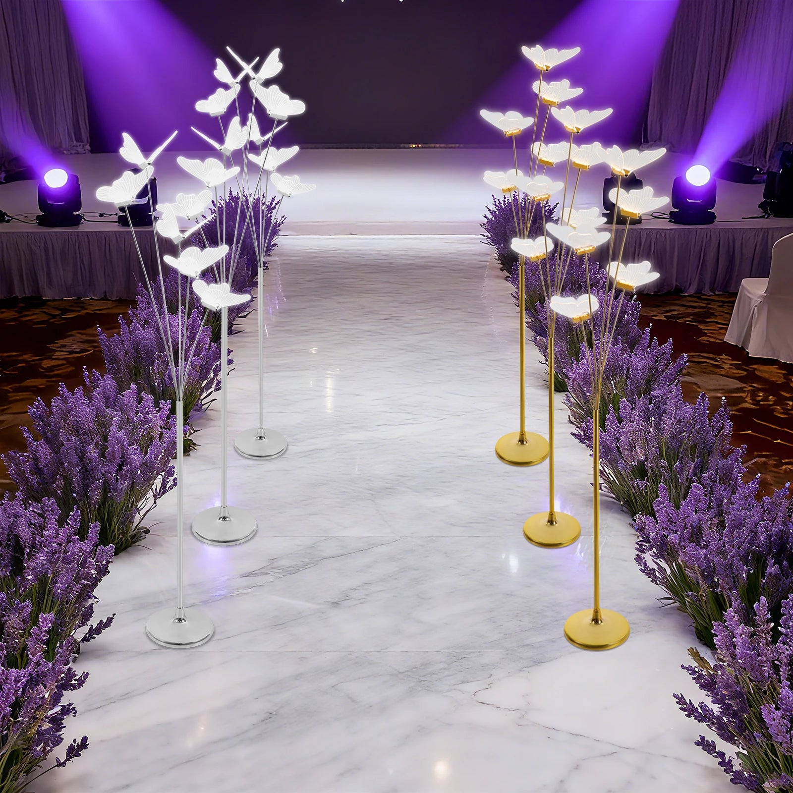 110V 3Pcs Gold/Silver LED Butterfly Standing Lights, Freestanding Landscape Atmos0phere Lamp For Weddings, Parties, Stages, etc