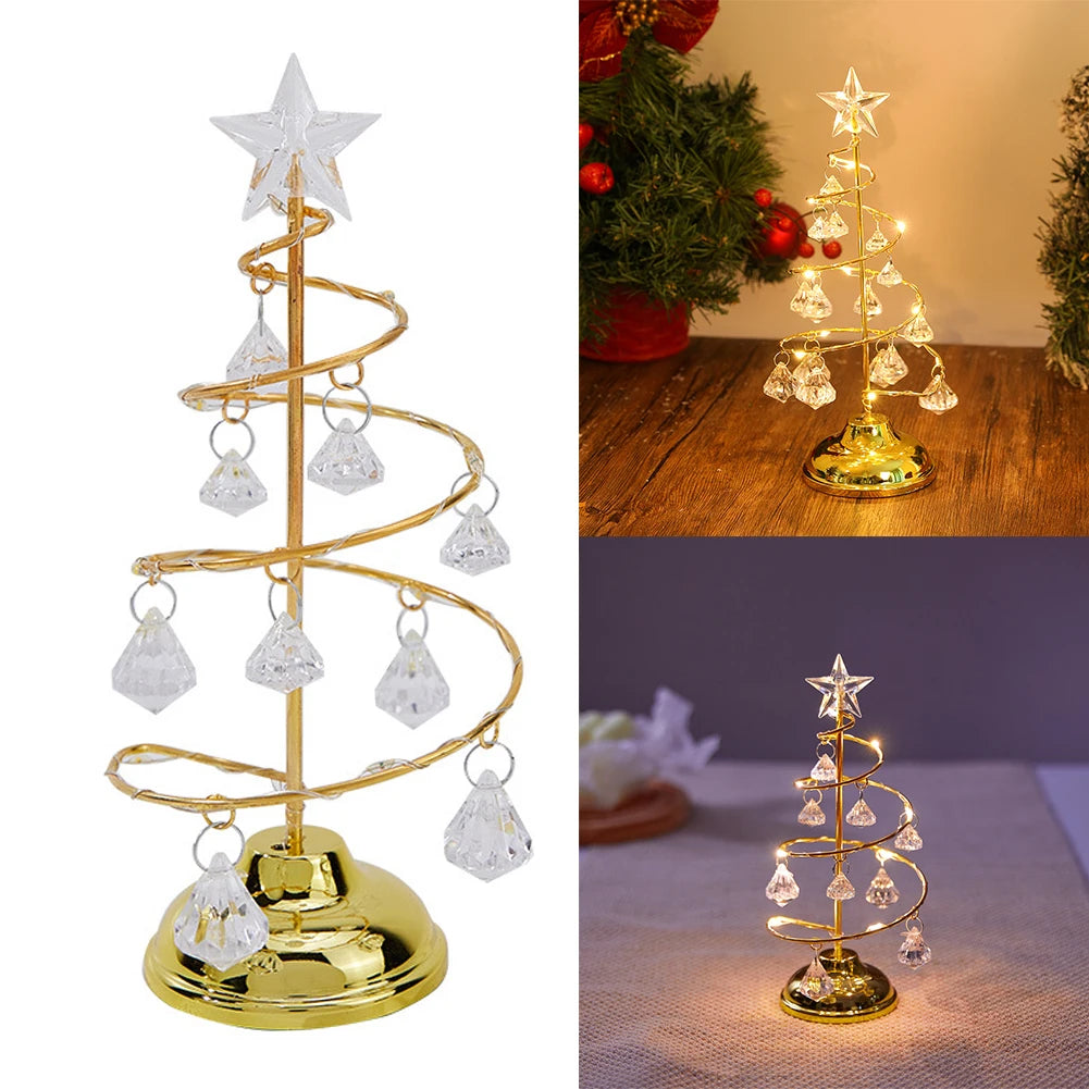 Crystal Star Christmas Tree Lamp Battery Operated Desk Table Lamp Decorative Iron Tree Night Lights for Living Room Bedroom Deco