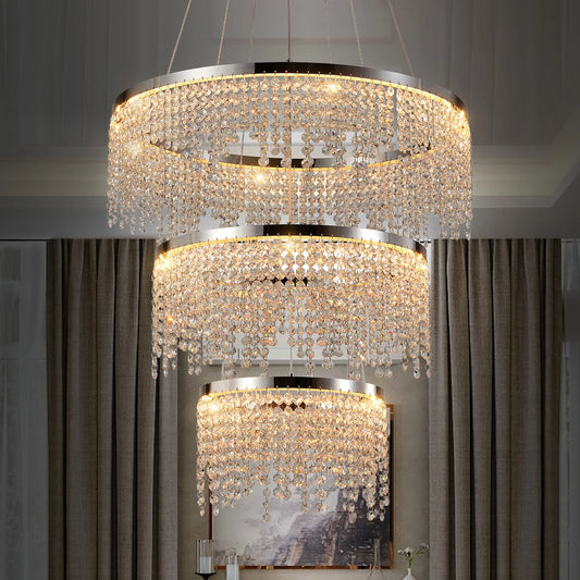 23.6-inch Crystal Chandelier, Dimmable Led Ceiling Lamp, Adjustable Color Temperature 3000K/4000K/6000K, Height Adjustable, Luxury Round Chandelier, Suitable for Living Room, Dining Room, Bedroom