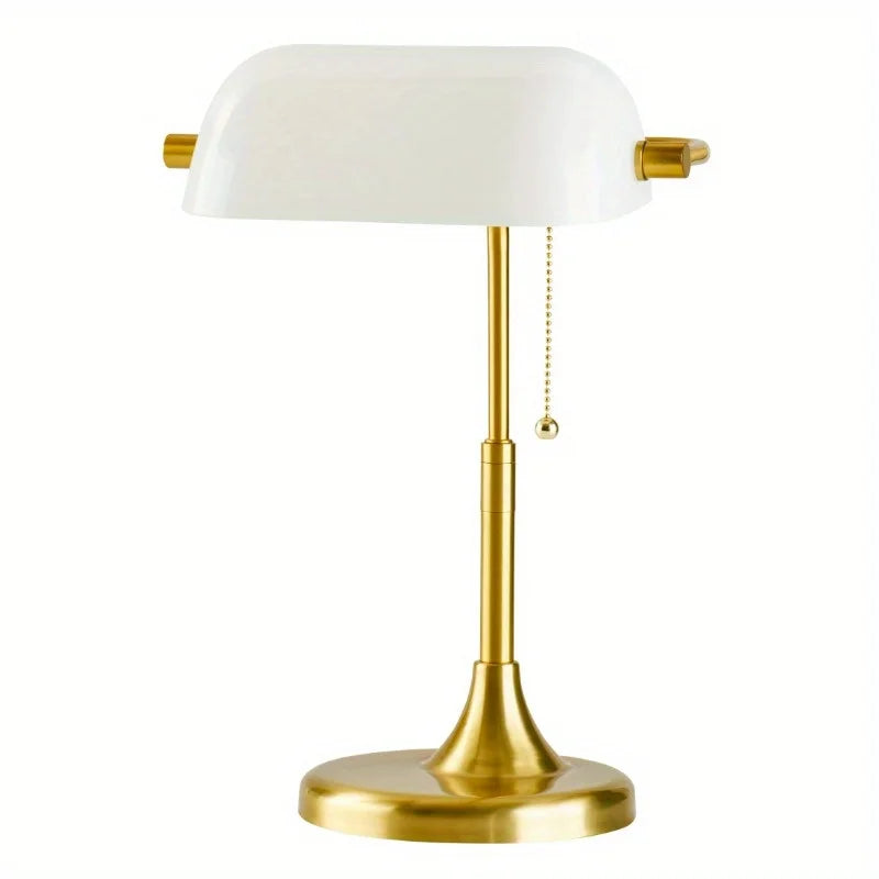 19" Gold/White Modern Glass Banker Table Lamp with Brass Base and Banker Style Glass Shade