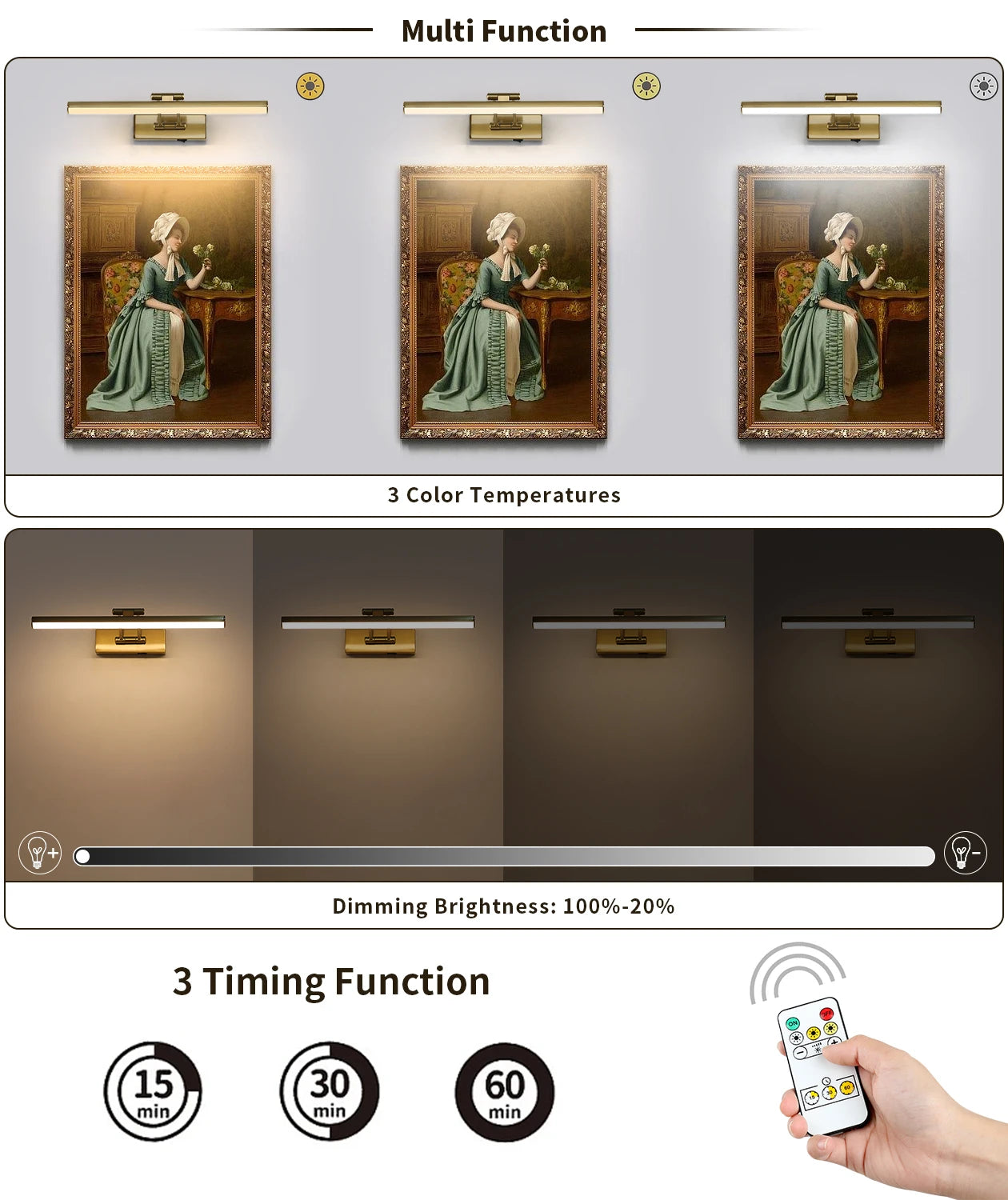 5000MAh LED Picture Light With 3 Color Temperature, Remote-Control Wall Light For Living Room, Gallery & Art Exhibition