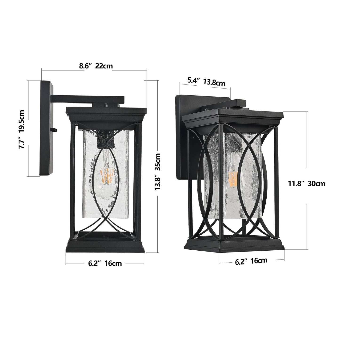 Black Outdoor Wall Lantern with Crackled Glass,Weather-Resistant Exterior,Modern Decorative Wall Sconce with E26 Base (No Bulb)