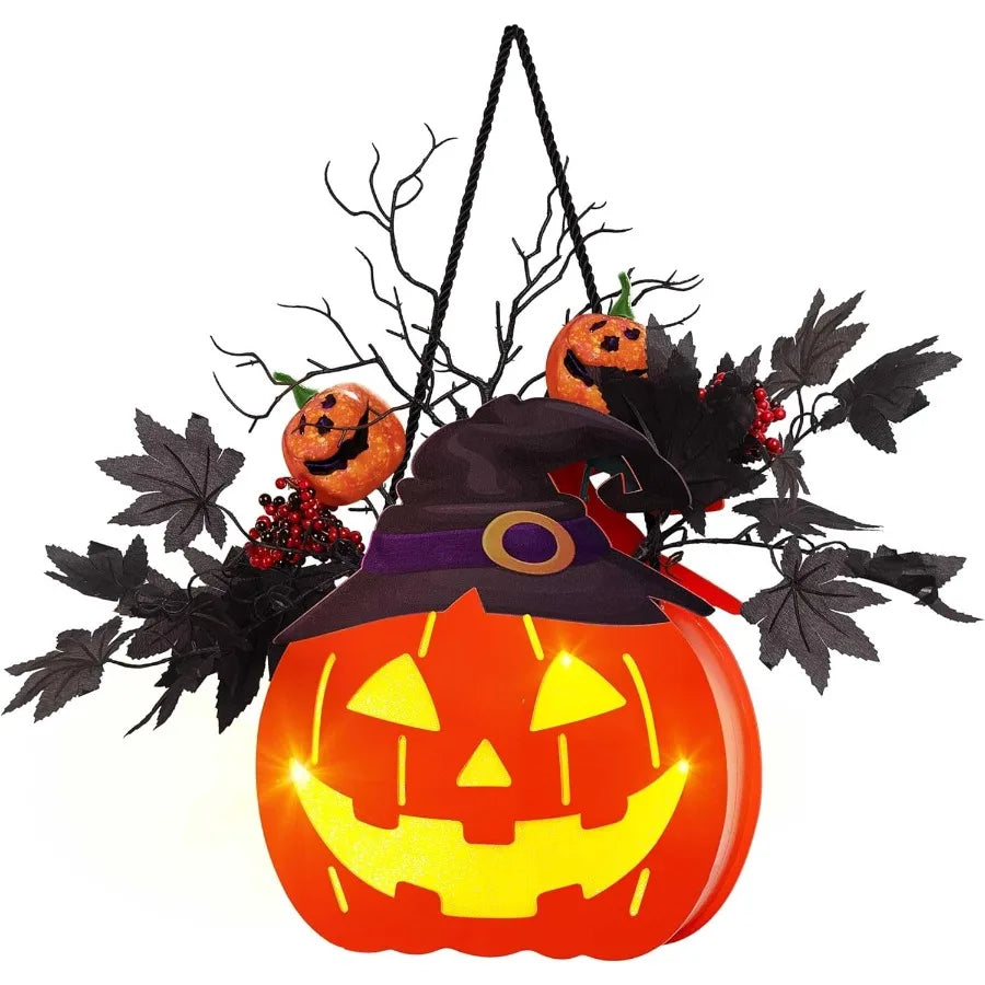 10 inch Lighted Big JackOLantern with Maple Leaves Berries Twigs Witch's Hat BatteryOperated Premium Wood Pumpkin with Timer fo