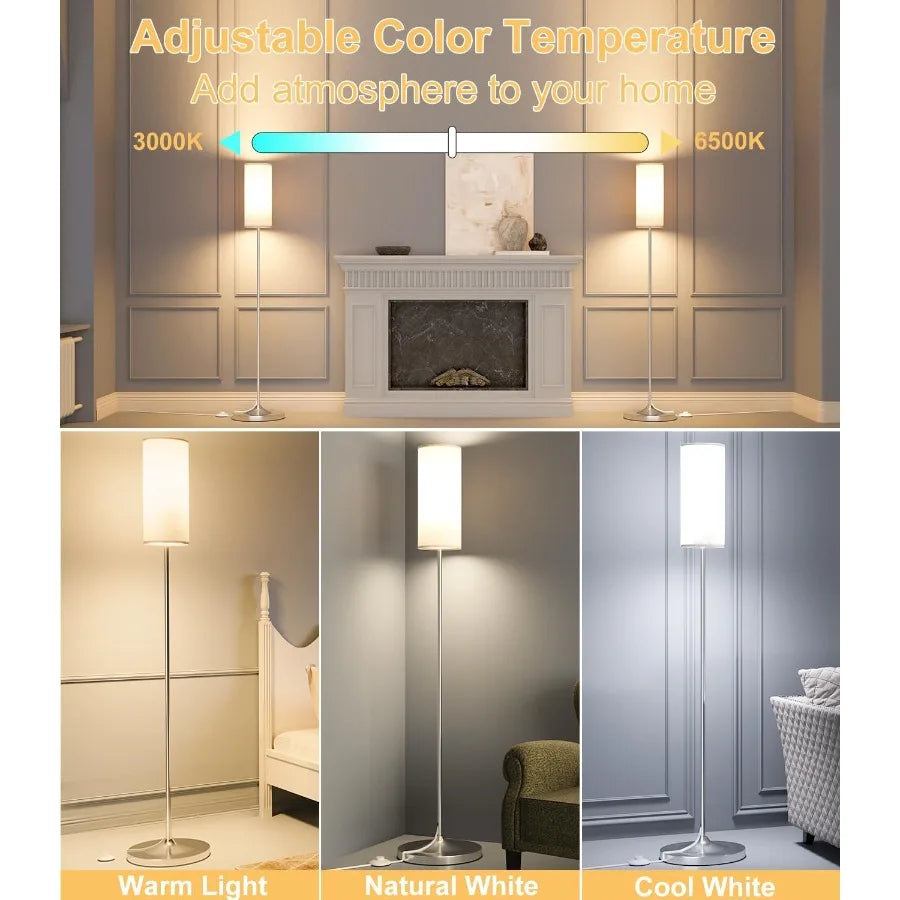 Dimmable LED Floor Lamp with Foot Switch and Remote Control for Living Room Bedroom Office and Kid Room Silver Pole Design with