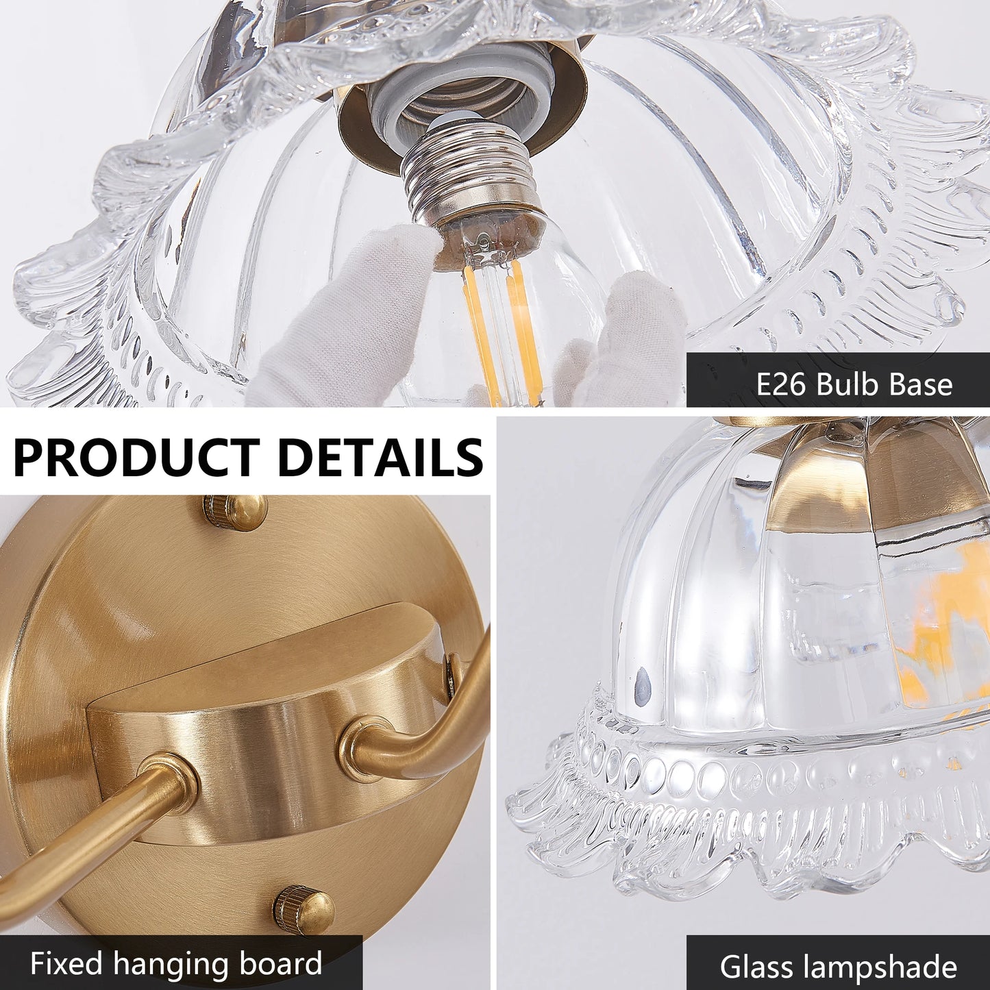 24 Inch 3-Light Vintage Bathroom Wall Sconce – Elegant Golden Metal and Glass Lampshade Vanity Light Fixture (No Bulb)