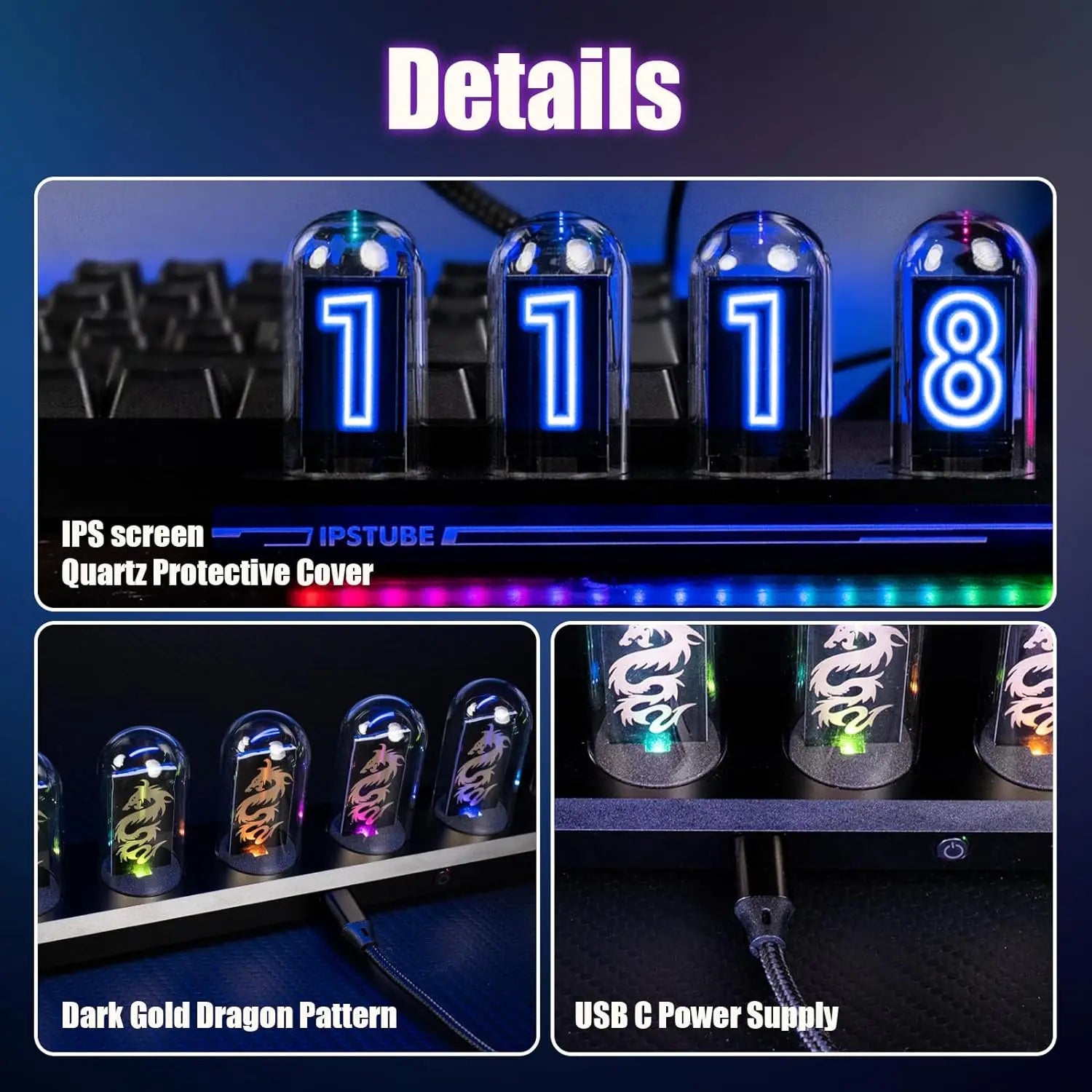 1PC Nixie Tube RGB Retro Digital Clock Light, IPS Glows Analog Clock, Support Wi-Fi Time Calibration, APP Control, Wheather Mode