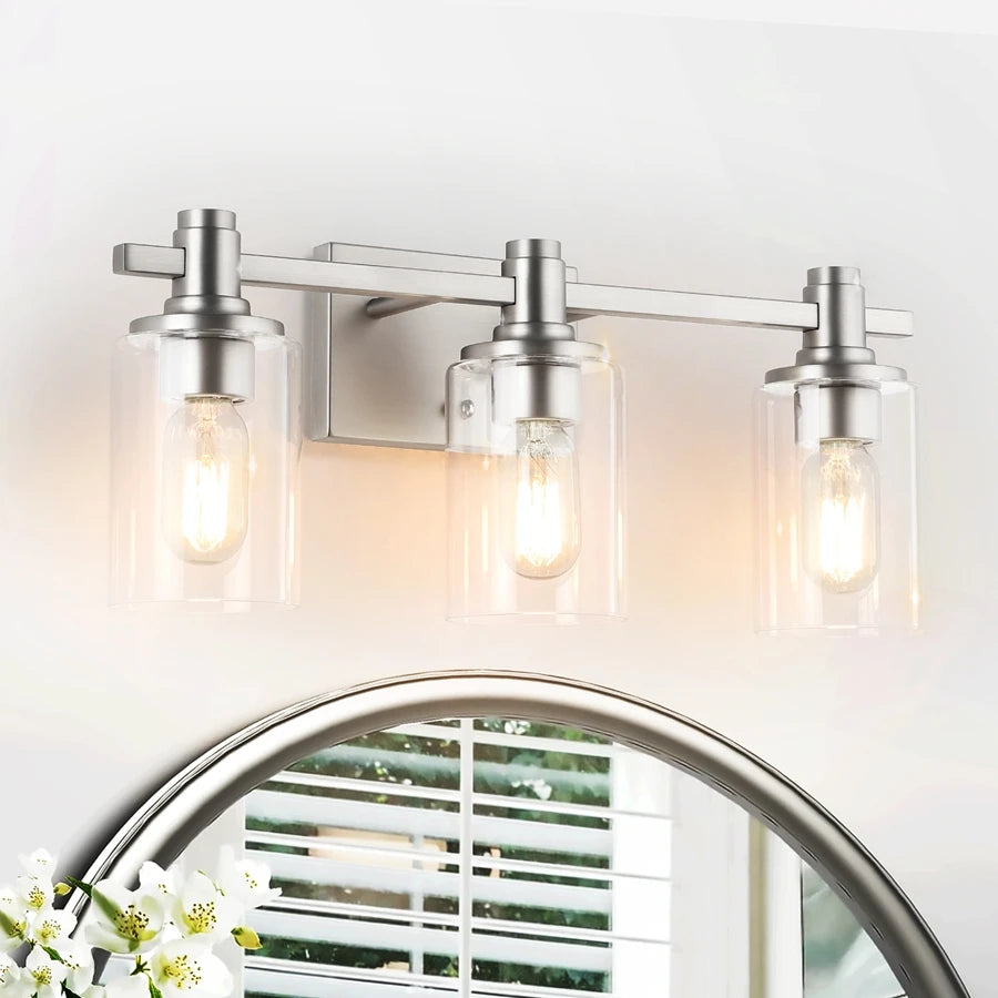 3-Light Modern Bathroom Vanity Light Fixture Above Mirror, Metal & Glass Construction, Hardwired for Easy Installation